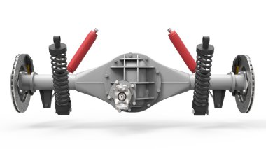 Arka aks derleme karşı süspansiyon ve fren. Kırmızı tamponlar. 3D çizim.