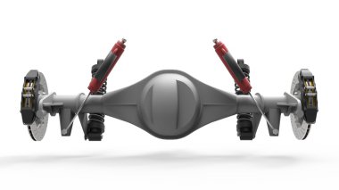 Arka aks derleme karşı süspansiyon ve fren. Kırmızı tamponlar. 3D çizim.