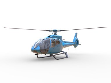 Beyaz üniforma zemin üzerinde mavi sivil helikopter. 3D çizim
