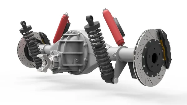 Arka aks derleme karşı süspansiyon ve fren. Kırmızı tamponlar. 3D çizim.