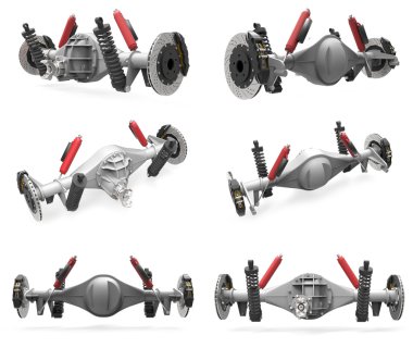 Süspansiyon ve fren arka aks derleme ayarlayın. Kırmızı tamponlar. 3D çizim.