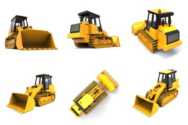 Ekskavatör bir beyaz üniforma arka plan üzerinde ayarlayın. Karişik. 3D çizim.