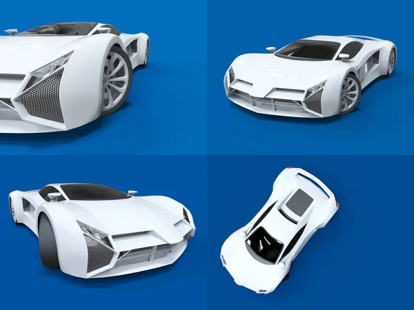 Setzen konzeptionelle High-Speed-weißen Sportwagen. blauer einheitlicher Hintergrund. Blendung und sanftere Schatten. 3D-Darstellung. — Stockfoto