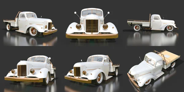 Set old restored pickup. Pick-up in the style of hot rod. 3d illustration. White car on a black background. — Stock Photo, Image