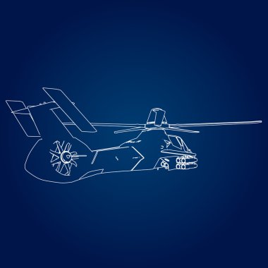 Mavi bir arka plan askeri helikopterle doğrusal vektör çizim.