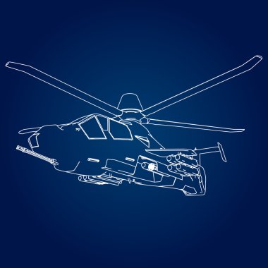 Mavi bir arka plan askeri helikopterle doğrusal vektör çizim.