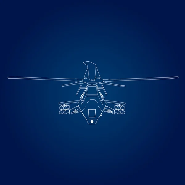 Lineare Vektordarstellung eines Militärhubschraubers auf blauem Hintergrund. — Stockvektor