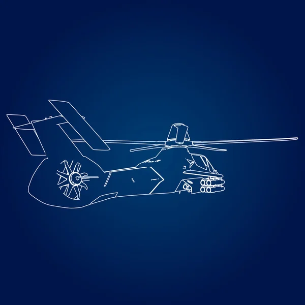 Ilustración vectorial lineal de un helicóptero militar sobre un fondo azul . — Vector de stock