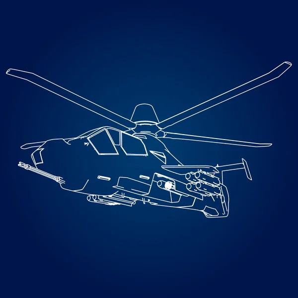 Lineární vektorové ilustrace vojenský vrtulník na modrém pozadí. — Stockový vektor