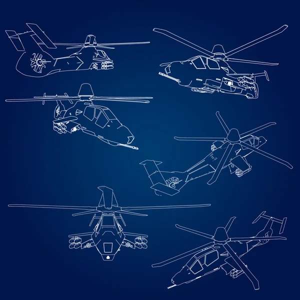 Conjunto lineal Vector ilustración de un helicóptero militar sobre un fondo azul . — Vector de stock