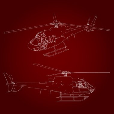 Doğrusal vektör çizim. Kırmızı bir arka plan üzerinde helikopter.