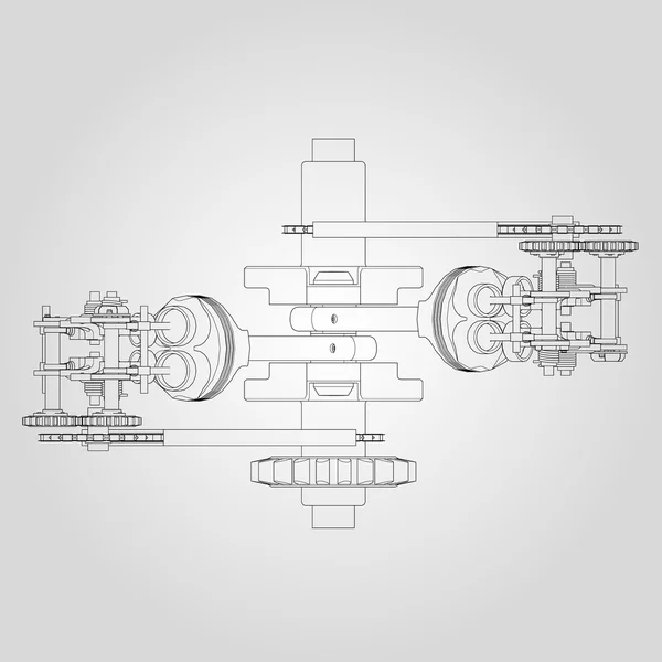 Engine components in disassembled state. Vector illustration of lines. — Stock Vector