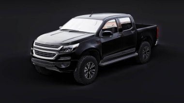 Siyah arka planda siyah bir pikap. 3d oluşturma