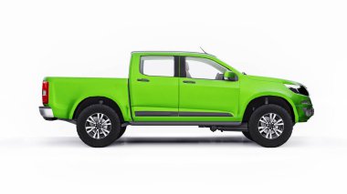 Beyaz arka planda yeşil bir pikap. 3d oluşturma