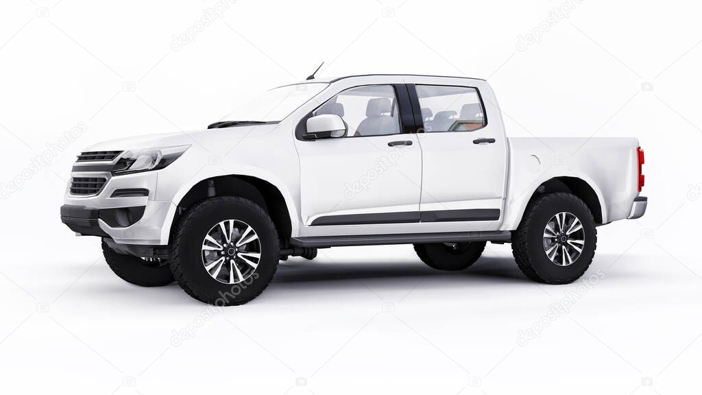 White pickup car on a white background. 3d rendering