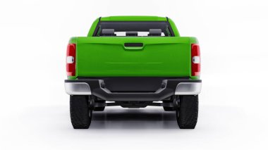 Beyaz arka planda yeşil bir pikap. 3d oluşturma.