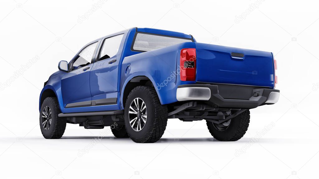 Blue pickup car on a white background. 3d rendering.