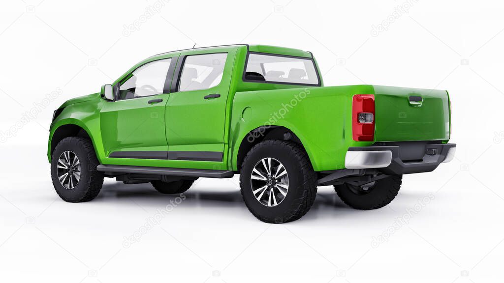 Green pickup car on a white background. 3d rendering.
