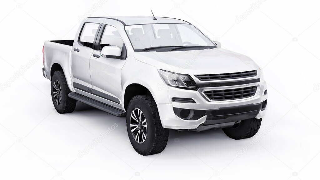 White pickup car on a white background. 3d rendering.