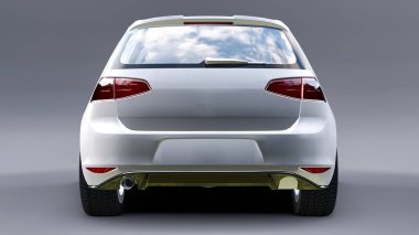 Gri arka planda beyaz aile arabası hatchback 'i. 3d oluşturma