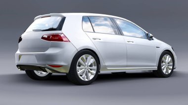 Gri arka planda beyaz aile arabası hatchback 'i. 3d oluşturma
