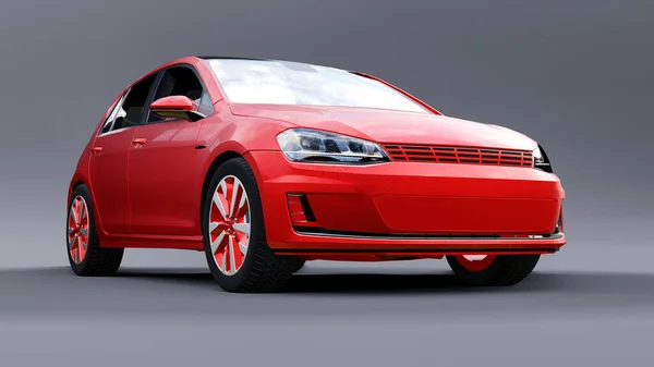 Red small family car hatchback on gray background. 3d rendering