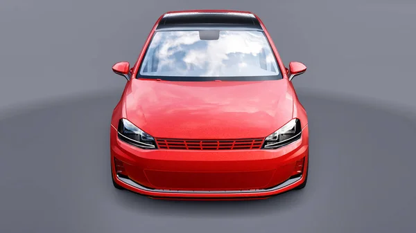 Hatchback Pequeno Carro Vermelho Família Fundo Cinzento Renderização — Fotografia de Stock