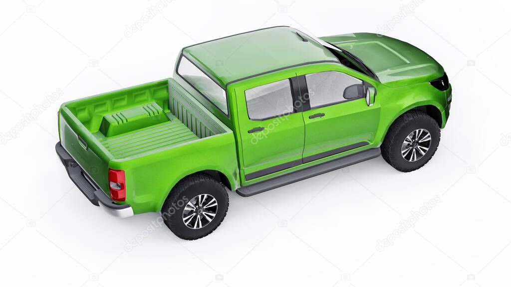 Green pickup car on a white background. 3d rendering