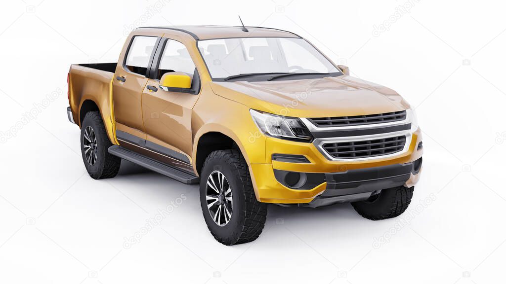 Yellow pickup car on a white background. 3d rendering
