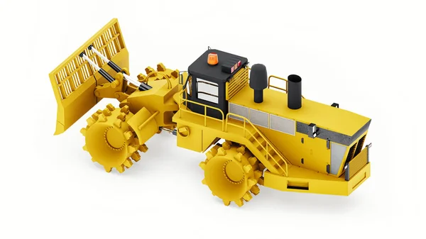 Vuilnispersmachine voor stortplaatsen. Een speciaal type industriële bulldozer voor het werken op stortplaatsen. 3d destructie. — Stockfoto
