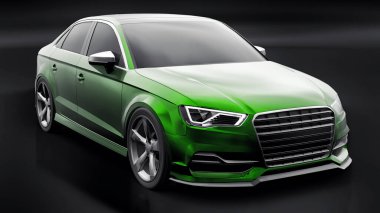 Süper hızlı spor araba siyah arka planda yeşil metalik renkte. Vücut biçimli sedan. Akort sıradan bir aile arabasının bir versiyonu. 3d oluşturma.