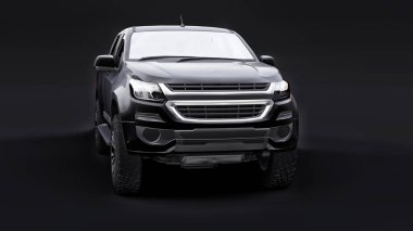 Siyah arka planda siyah bir pikap. 3d oluşturma