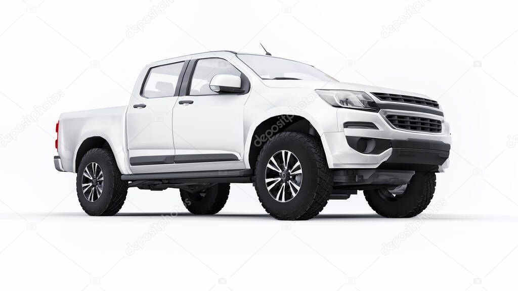 White pickup car on a white background. 3d rendering