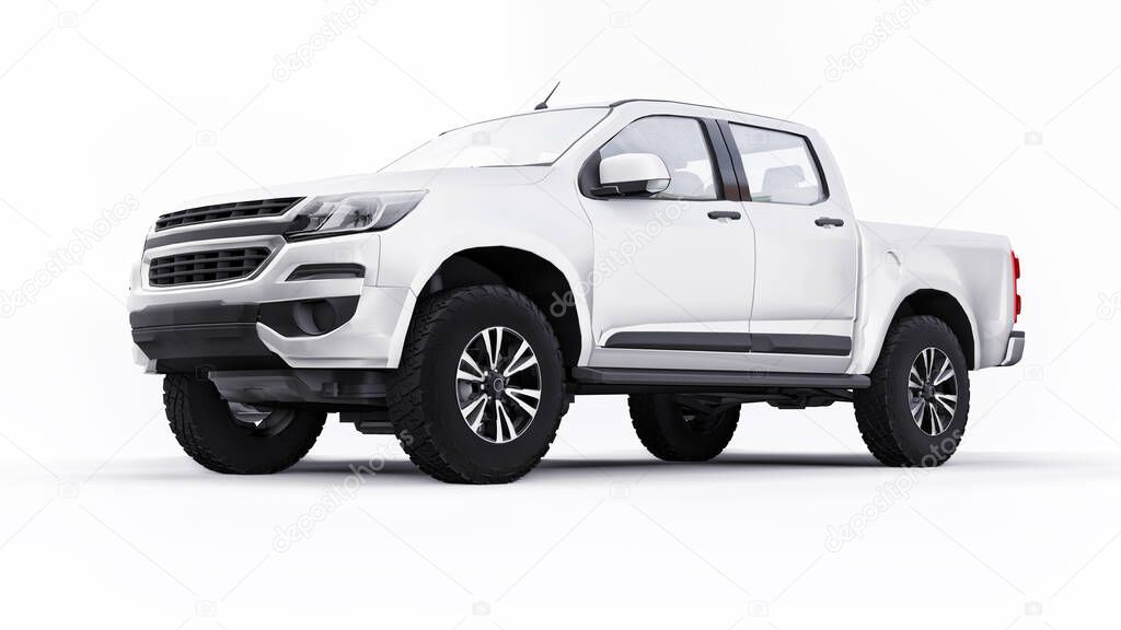 White pickup car on a white background. 3d rendering.