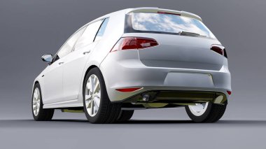 Gri arka planda beyaz aile arabası hatchback 'i. 3d oluşturma