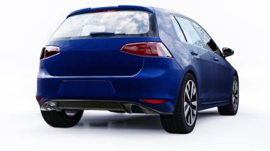 Beyaz arka planda mavi küçük aile arabası hatchback 'i. 3d oluşturma