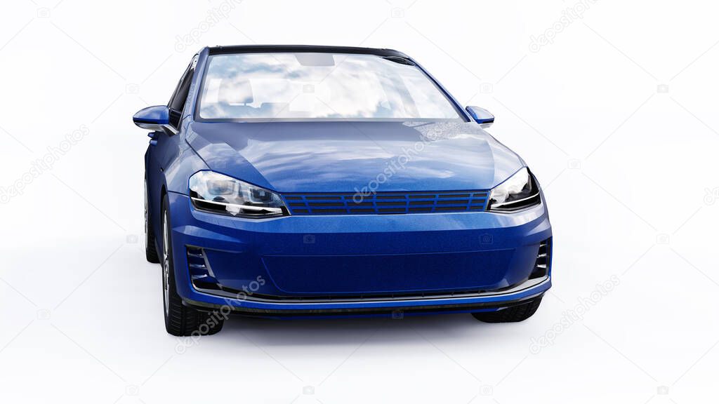 Blue small family car hatchback on white background. 3d rendering