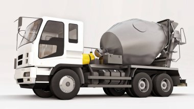 Beyaz kabinli beton karıştırıcı kamyon ve beyaz arka planda gri mikser. İnşaat ekipmanlarının üç boyutlu çizimi. 3d oluşturma
