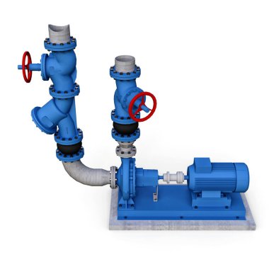 Endüstriyel bir pompanın 3 boyutlu modeli ve beyaz izole edilmiş arka planda kapakları kapalı olan bir boru bölümü. 3d illüstrasyon