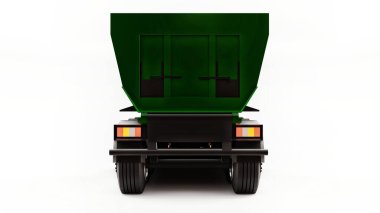 Beyaz arka planda kargo taşımak için karavan tipi çöp kamyonu olan büyük yeşil bir Amerikan kamyonu. 3d illüstrasyon