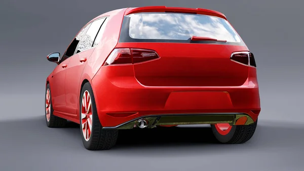 Red small family car hatchback on gray background. 3d rendering