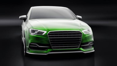 Süper hızlı spor araba siyah arka planda yeşil metalik renkte. Vücut biçimli sedan. Akort sıradan bir aile arabasının bir versiyonu. 3d oluşturma.