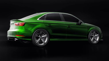 Süper hızlı spor araba siyah arka planda yeşil metalik renkte. Vücut biçimli sedan. Akort sıradan bir aile arabasının bir versiyonu. 3d oluşturma.