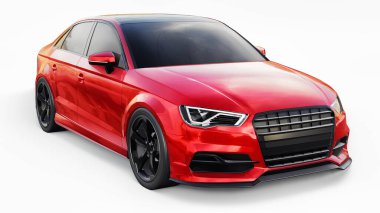 Beyaz arka planda kırmızı metalik süper hızlı spor araba. Vücut biçimli sedan. Akort sıradan bir aile arabasının bir versiyonu. 3d oluşturma