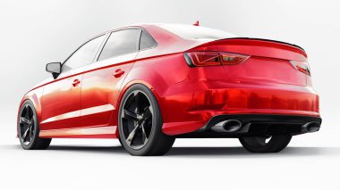 Beyaz arka planda kırmızı metalik süper hızlı spor araba. Vücut biçimli sedan. Akort sıradan bir aile arabasının bir versiyonu. 3d oluşturma