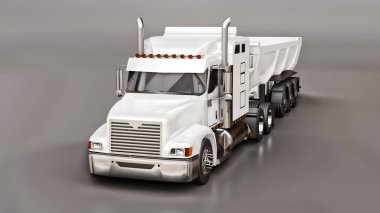 Büyük beyaz Amerikan kamyonu. Gri bir arka planda kargo taşımak için karavan tipi bir çöp kamyonu var. 3d illüstrasyon