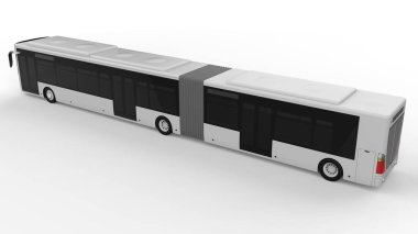Yoğun nüfuslu bölgelerde yoğun yolcu trafiği ya da insan taşımacılığı için daha uzun bir parçaya sahip büyük bir belediye otobüsü. Resimlerinizi ve yazılarınızı yerleştirmek için model şablonu. 3d oluşturma