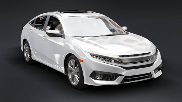 Белый среднеразмерный городской седан на чёрном фоне. 3d-рендеринг