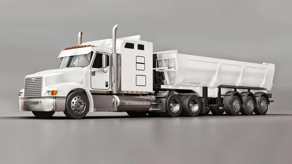 Large white American truck with a trailer type dump truck for transporting bulk cargo on a gray background. 3d illustration