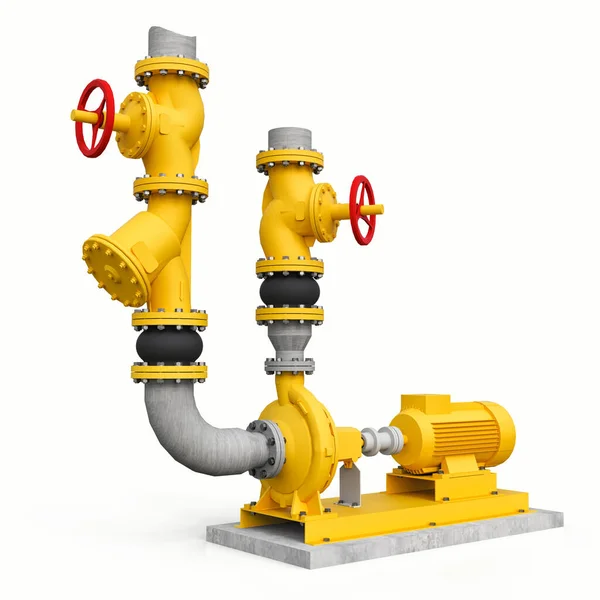 Yellow Model Industrial Pump Pipe Section Shut Valves White Isolated — Stock Photo, Image